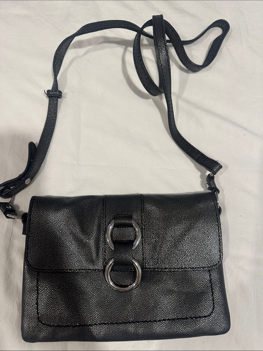 Cole Haan Black Pebbled Leather Crossbody with Silver Ring Detail